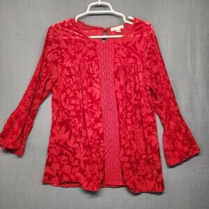John Paul Richard Top Women Medium Red Velvet Velour Floral Stretch Babydoll Y2K